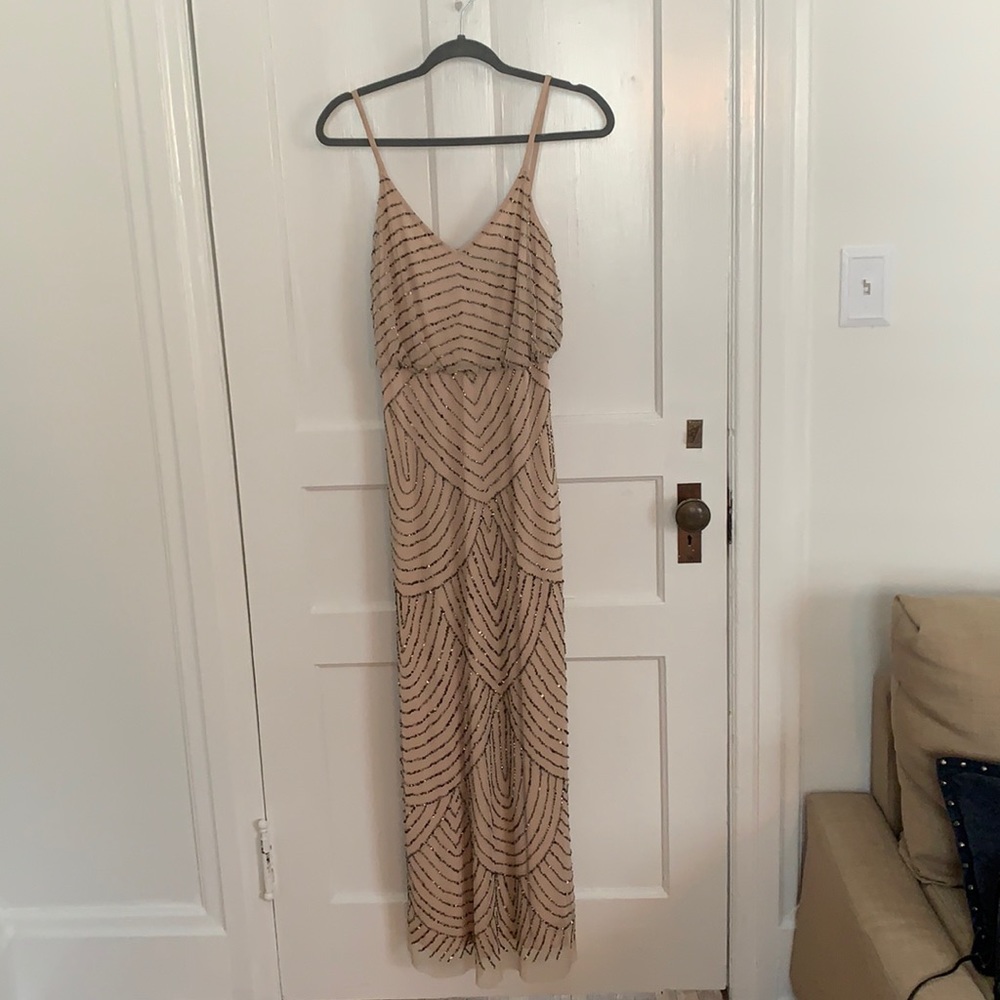 Adrianna Papell beaded blouson dress, pink/taupe. Size 8P.